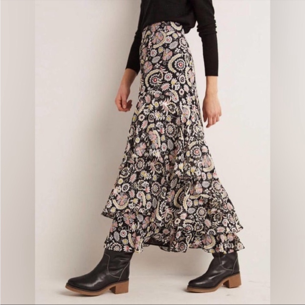 Boden Multi Ruffle Tiered Maxi Skirt in Black Red Floral Sz 8